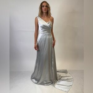 Crystal Dress Silver One Shoulder Sleeveless Mermaid Silk Satin US10